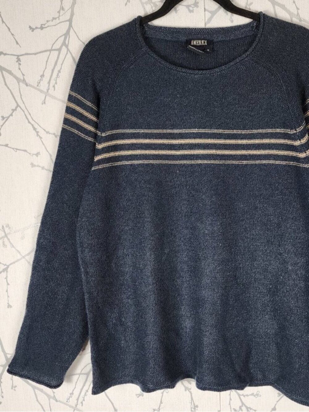 America Blue Gold Stripe Ramie Cotton Blend Knit Round Neck Sweater